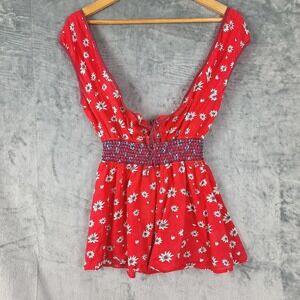 Free‎ People Top 10 Red Y2K Boho Peasant Hippie Floral Smocked Plunge Festival